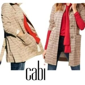 CAbi Sherlock Houndstooth Trench Women SZ L belted button front pocket old money